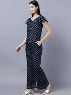 Myshka Women Navy Blue Ethnic Motifs Printed Pure Cotton Top with Palazzos - Distacart