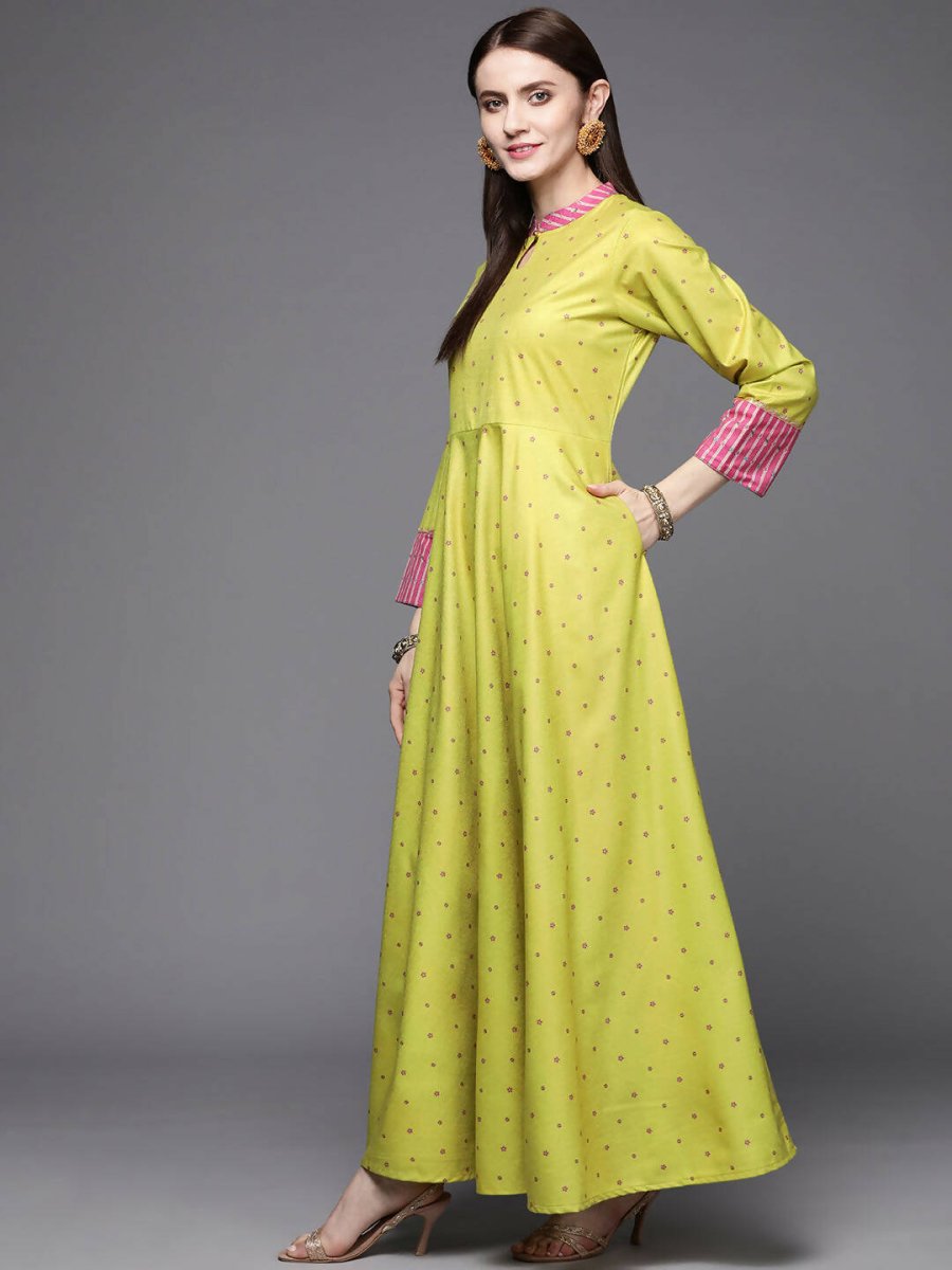 Ahalyaa Women Lime Yellow & Pink Printed Pleated A-Line Maxi Ethnic Dress - Distacart