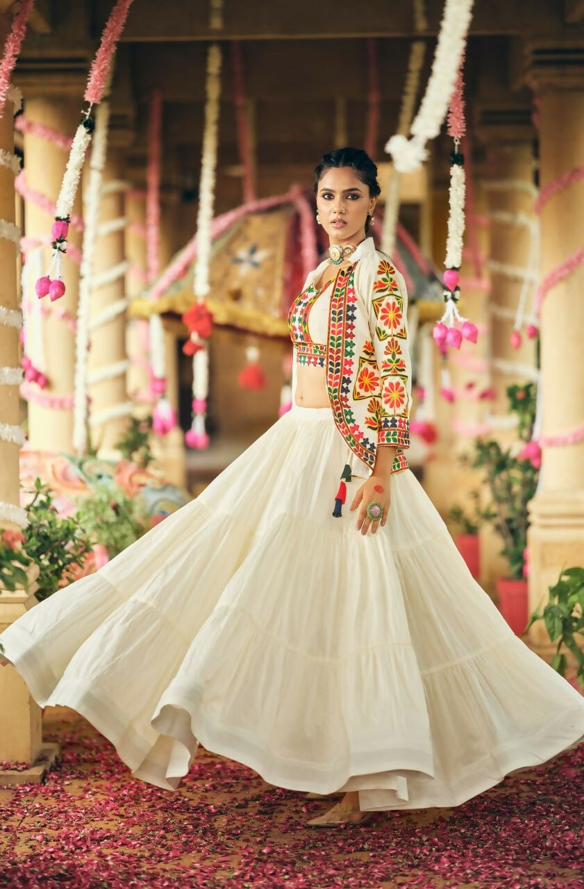 Teeya Creation Off White Colour Pure Cotton Embroidery Work Fully Stitched Navratry Lahenga