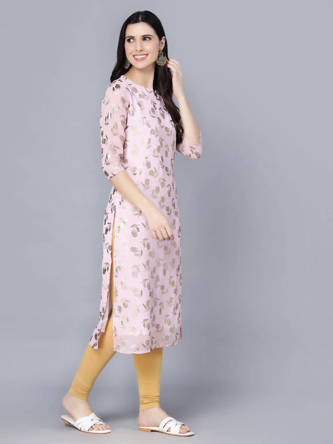 Myshka Women Pink Floral Printed Gotta Patti Georgette Kurta - Distacart