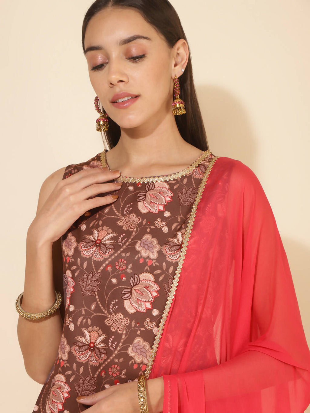 Janasya Women's Brown Crepe Digital Floral Printed Festive Straight Kurta Set