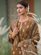 Jyoti Fashion Women's Brown Pure Silk Elegant Jacquard Woven Kurta with Trouser & Dupatta