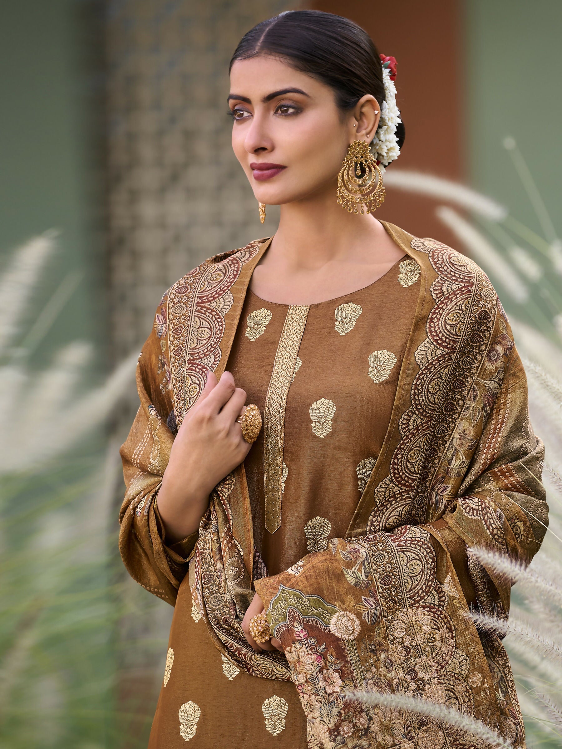 Jyoti Fashion Women's Brown Pure Silk Elegant Jacquard Woven Kurta with Trouser & Dupatta