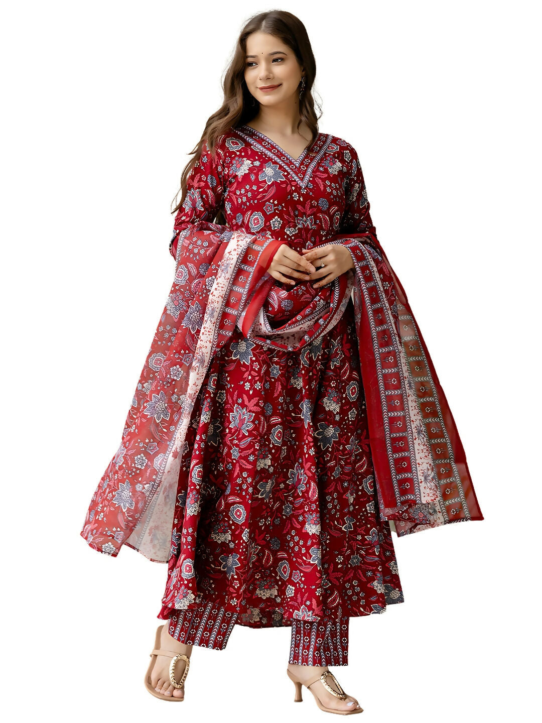 The52 Maroon Women's Gorgeous Rayon Fabric Printed Work Flared Kurta, Pant and Dupatta Set - Distacart
