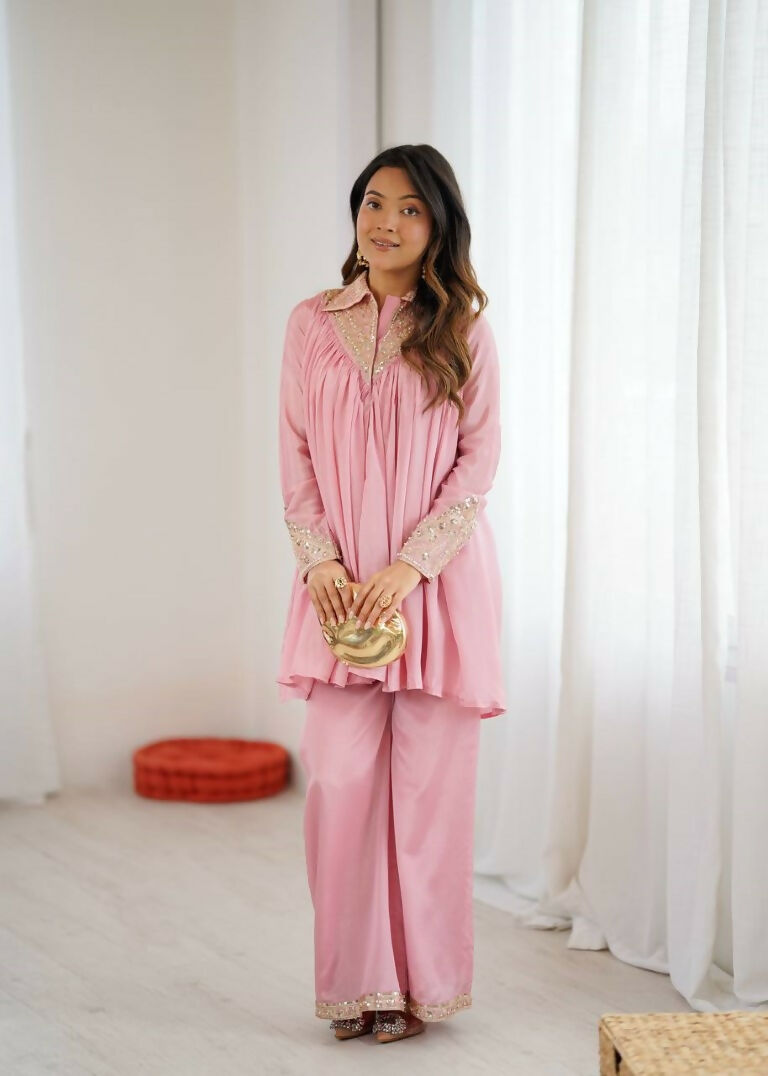 Teeya Creation Baby Pink Heavy Chinnon Silk Embroidery Work Plazo pair - Distacart