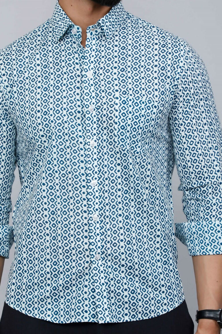 Miravan Men's White & Blue Premium Cotton Floral Print Casual Shirt