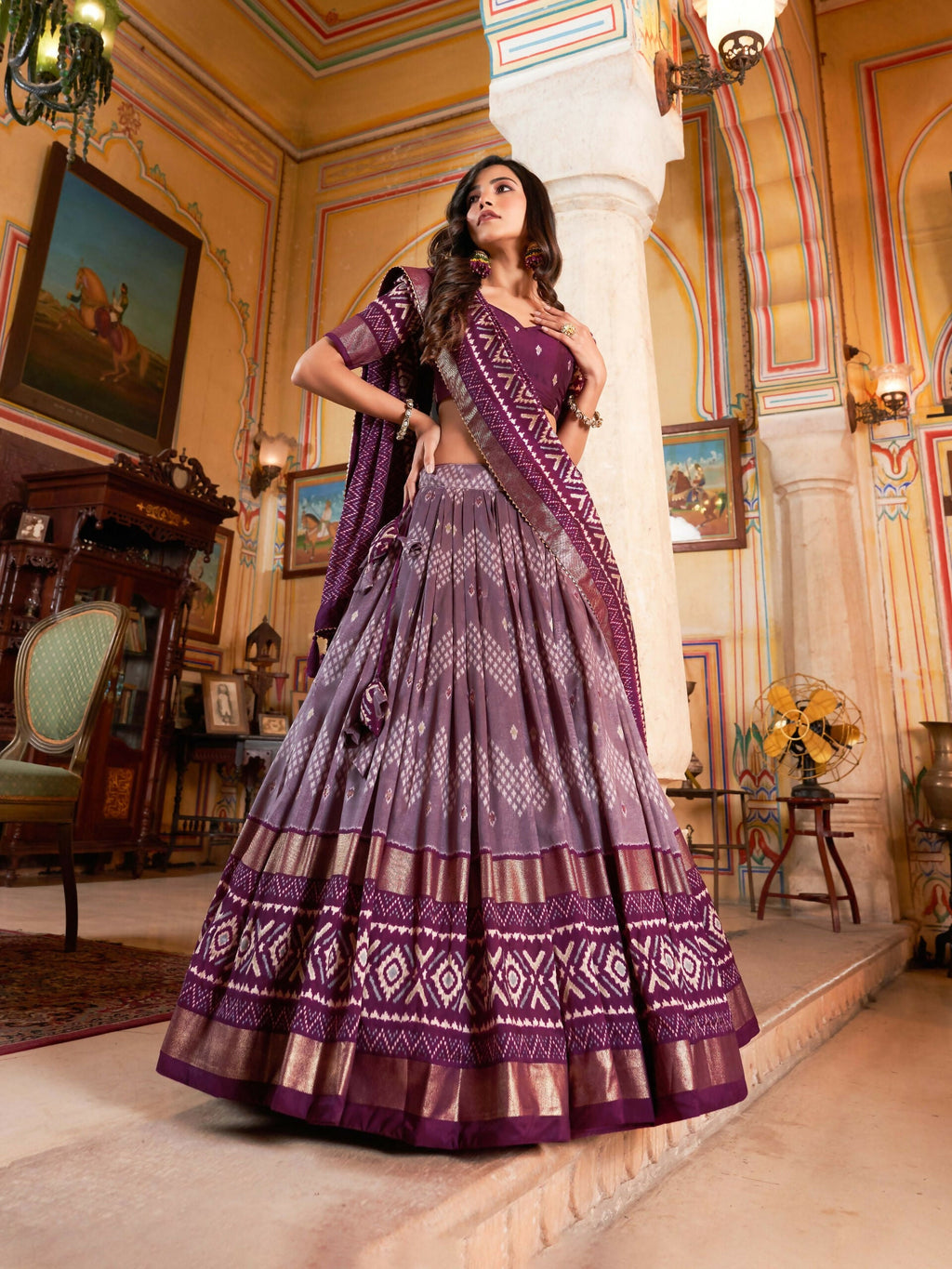Vastranavya Occasionaly Tussar Silk Dot And Ikkat Print With Foil Work Lehenga Choli - Wine