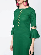 Aniyah Cotton Criss Cross Bell Sleeves Straight Thick Green Kurta (AN-101K)