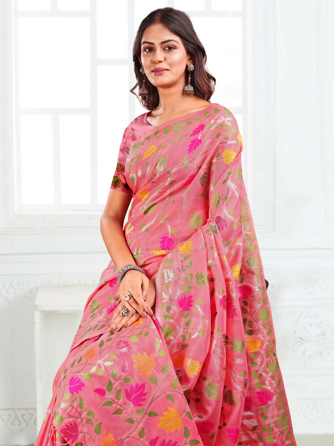Shree Shyam Fashion Linen Cotton Pink Saree - Distacart