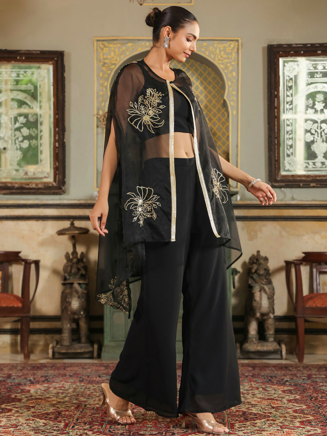 Janasya Black Georgette Solid Top Bottom Cape