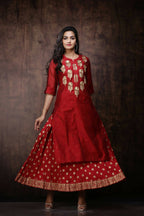 Juniper Women Maroon Chanderi Silk Embroidered & Printed Layered Dress - Distacart