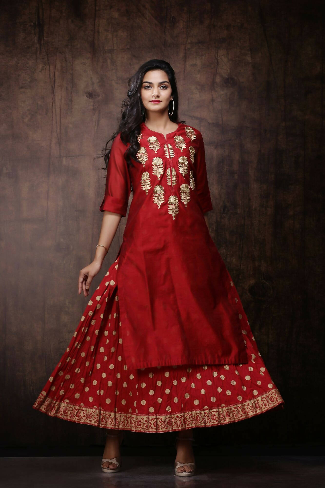 Juniper Women Maroon Chanderi Silk Embroidered & Printed Layered Dress - Distacart