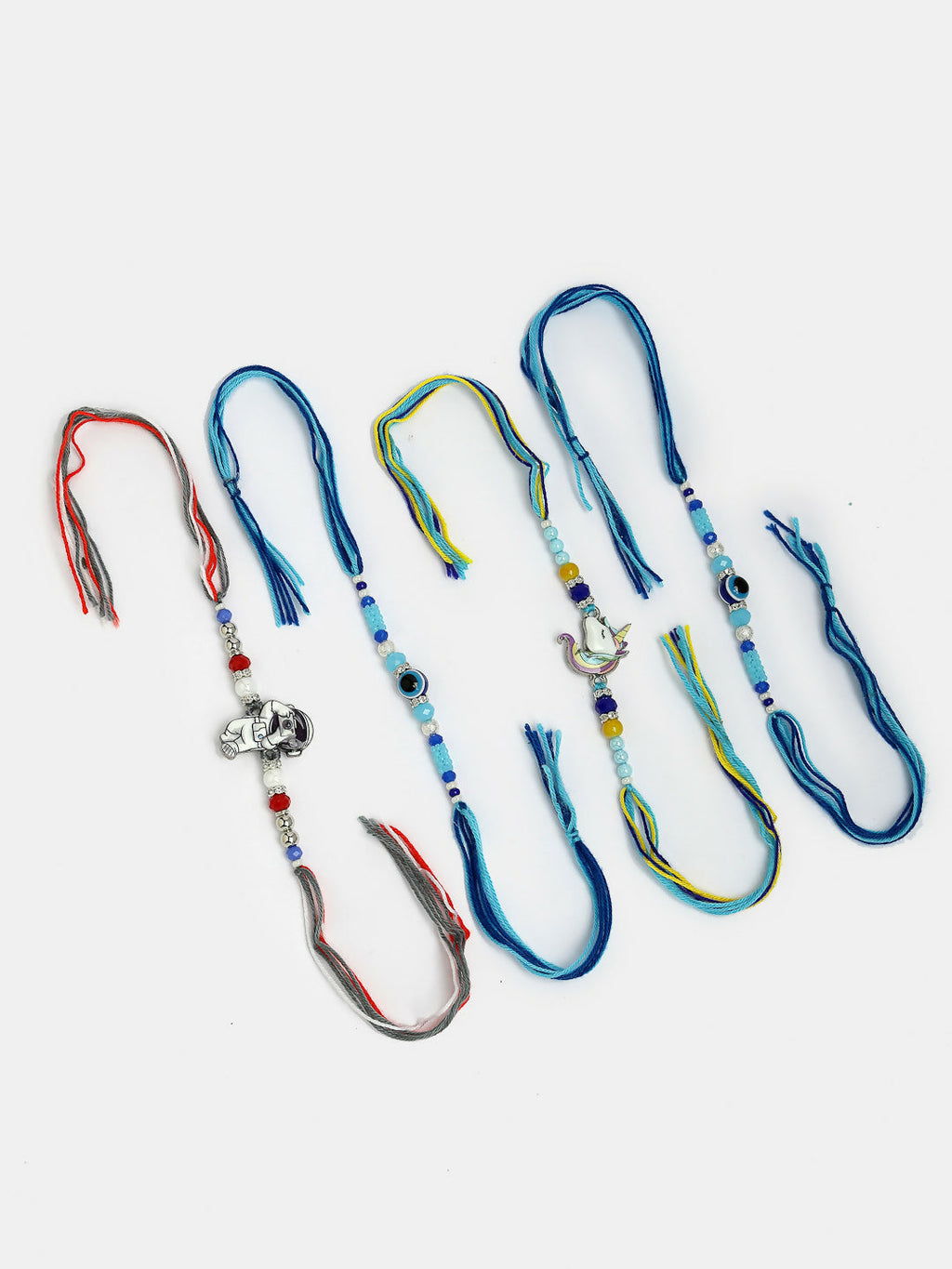 NVR Kids Set of 4 Multicolor Evil Eye & Artificial stone and beads Rakhi With Roli Chawal & Chocolate - Distacart