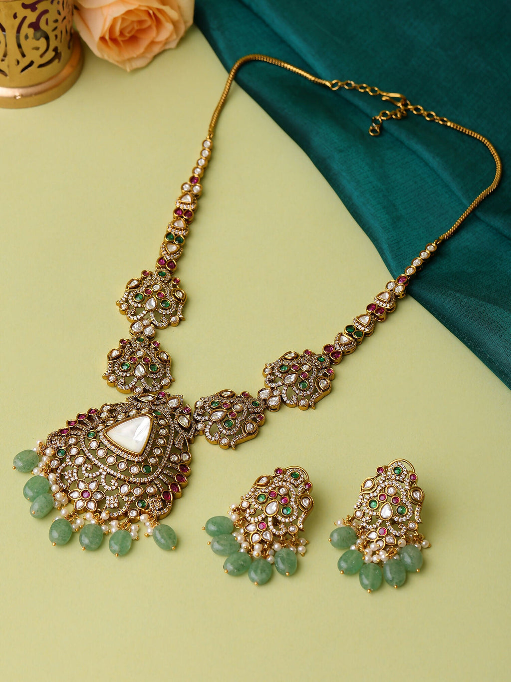 Ruby Raang 22k Gold Polished Long Kundan Heavy Maharani Necklace With Earrings