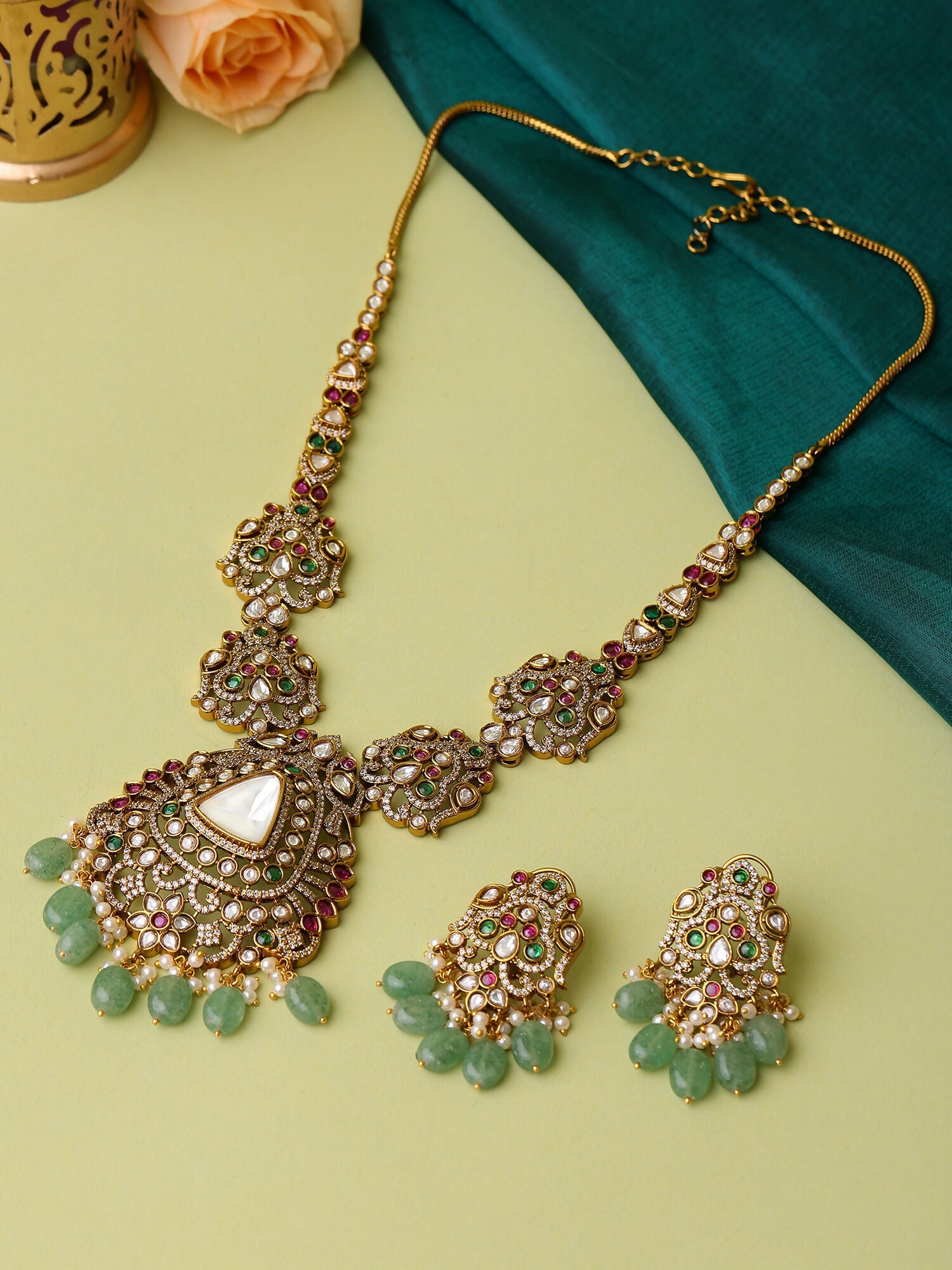 Ruby Raang 22k Gold Polished Long Kundan Heavy Maharani Necklace With Earrings