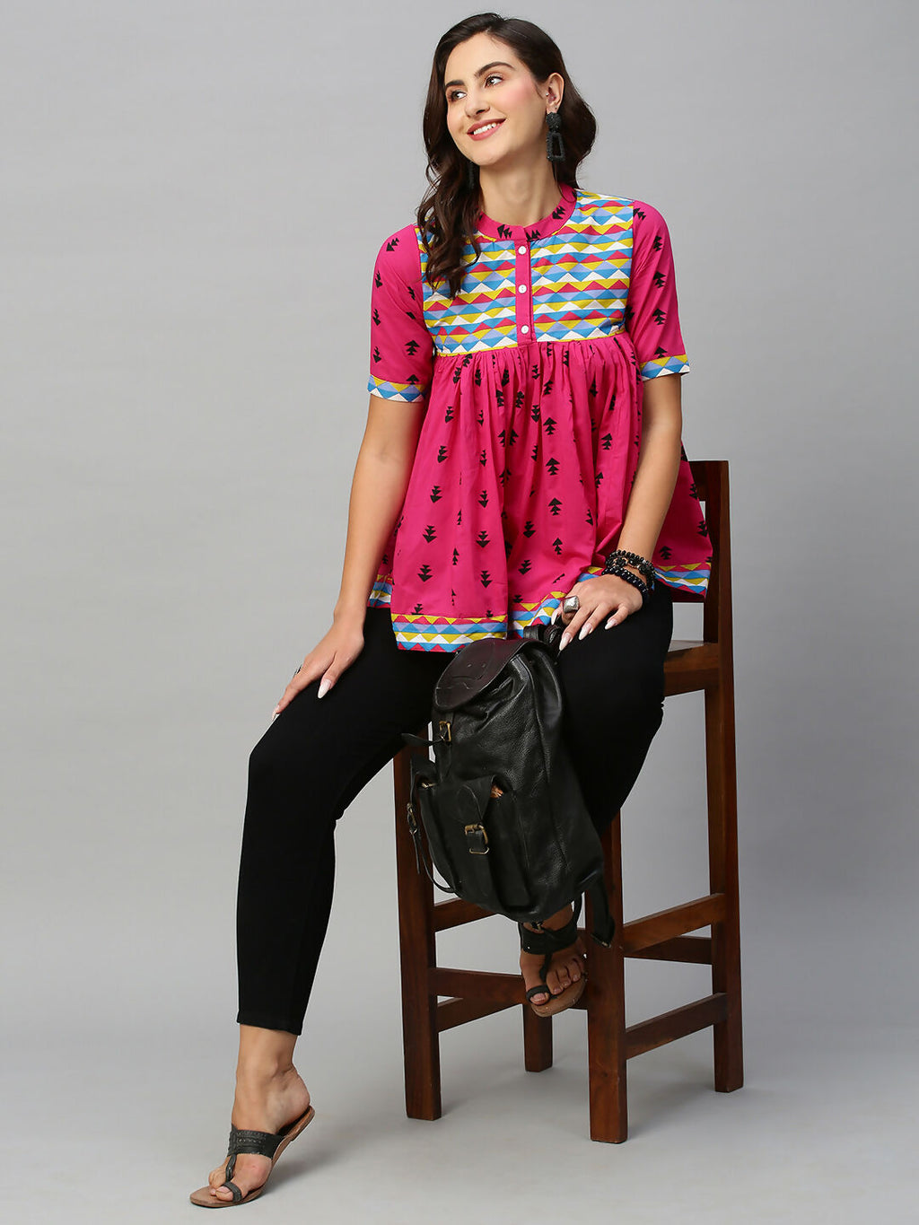 Pink & Black Pure Cotton Printed A-Line Top - Bosky
