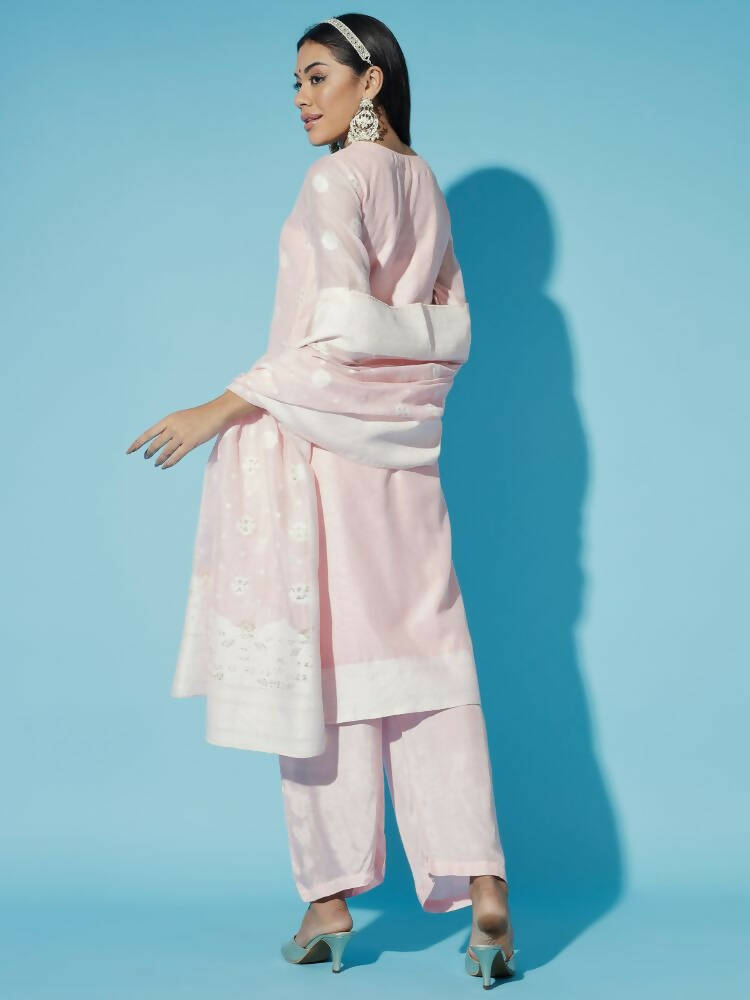 Myshka Women Pink Embroidered Kurta & Trousers With Dupatta - Distacart