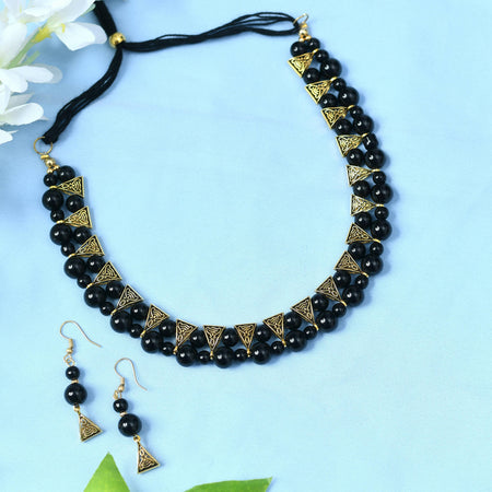 Mominos Fashion Johar Kamal Gold-Polished Brass Finish Pearls Work Choker For Women (Black)