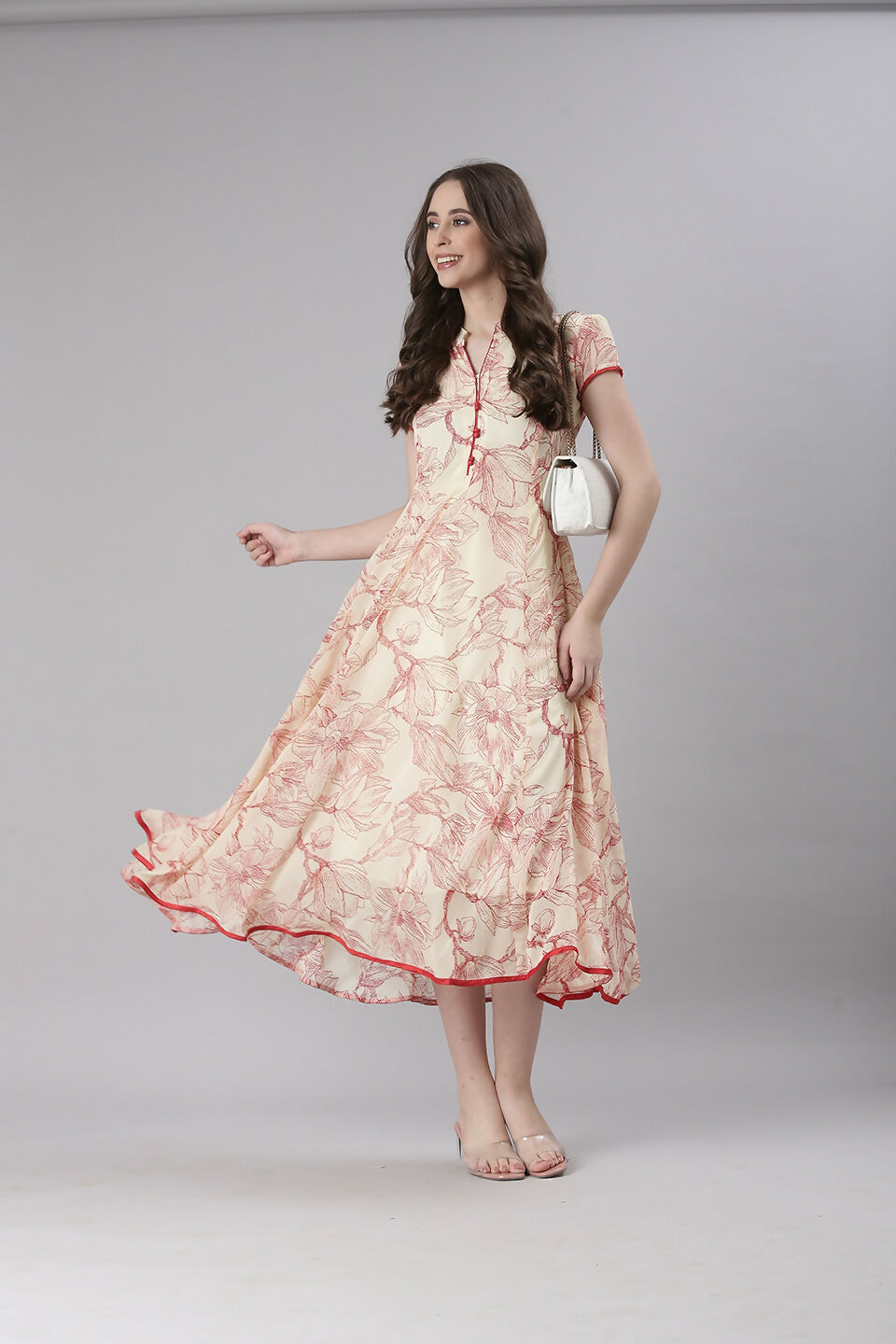 Souchii Floral Tiered Midi Dress For Women – Elegant Beige Button-Front A-Line