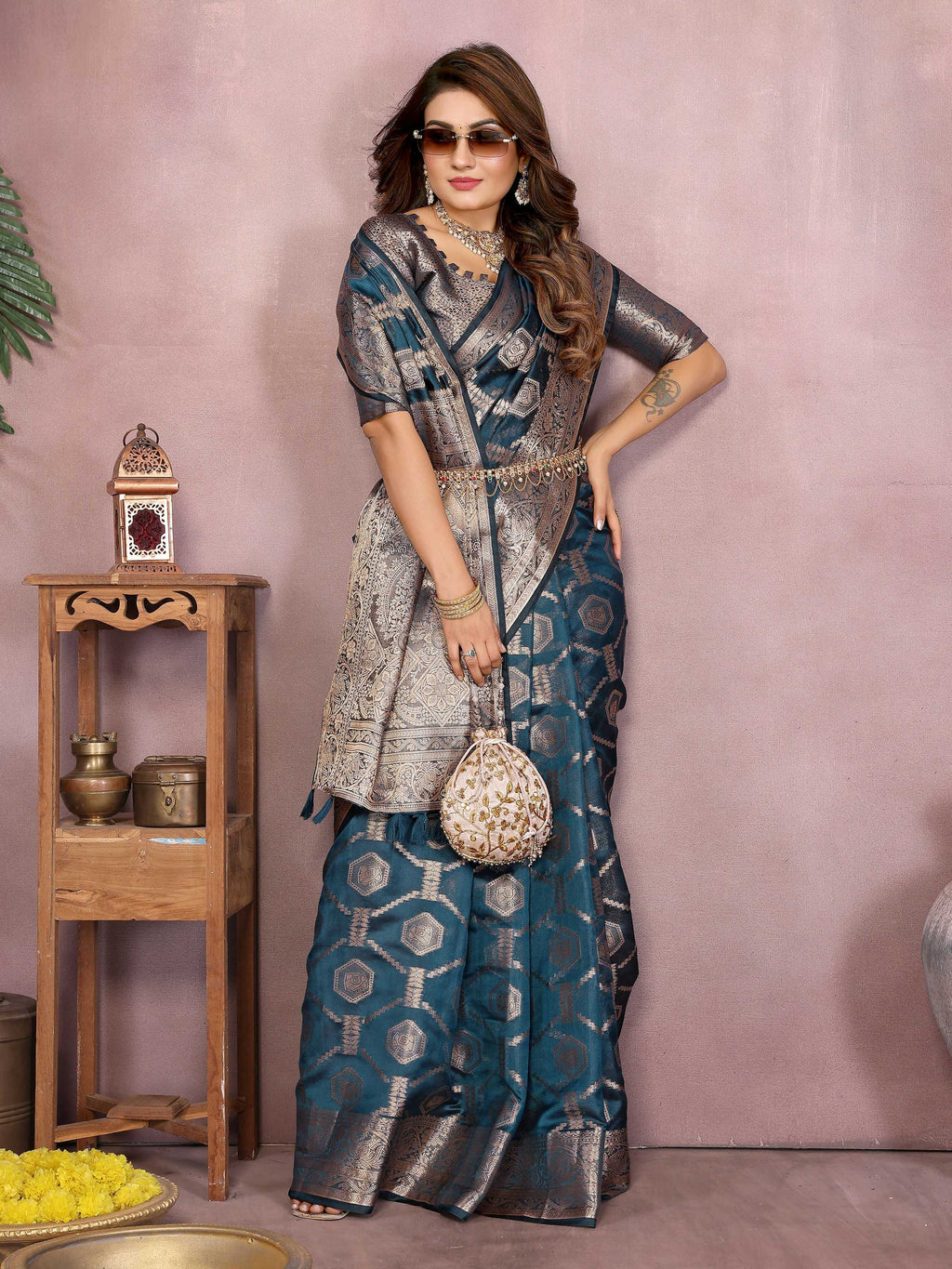 Aastha Fashion Teal Soft Organza Silk Weaving Saree - Distacart