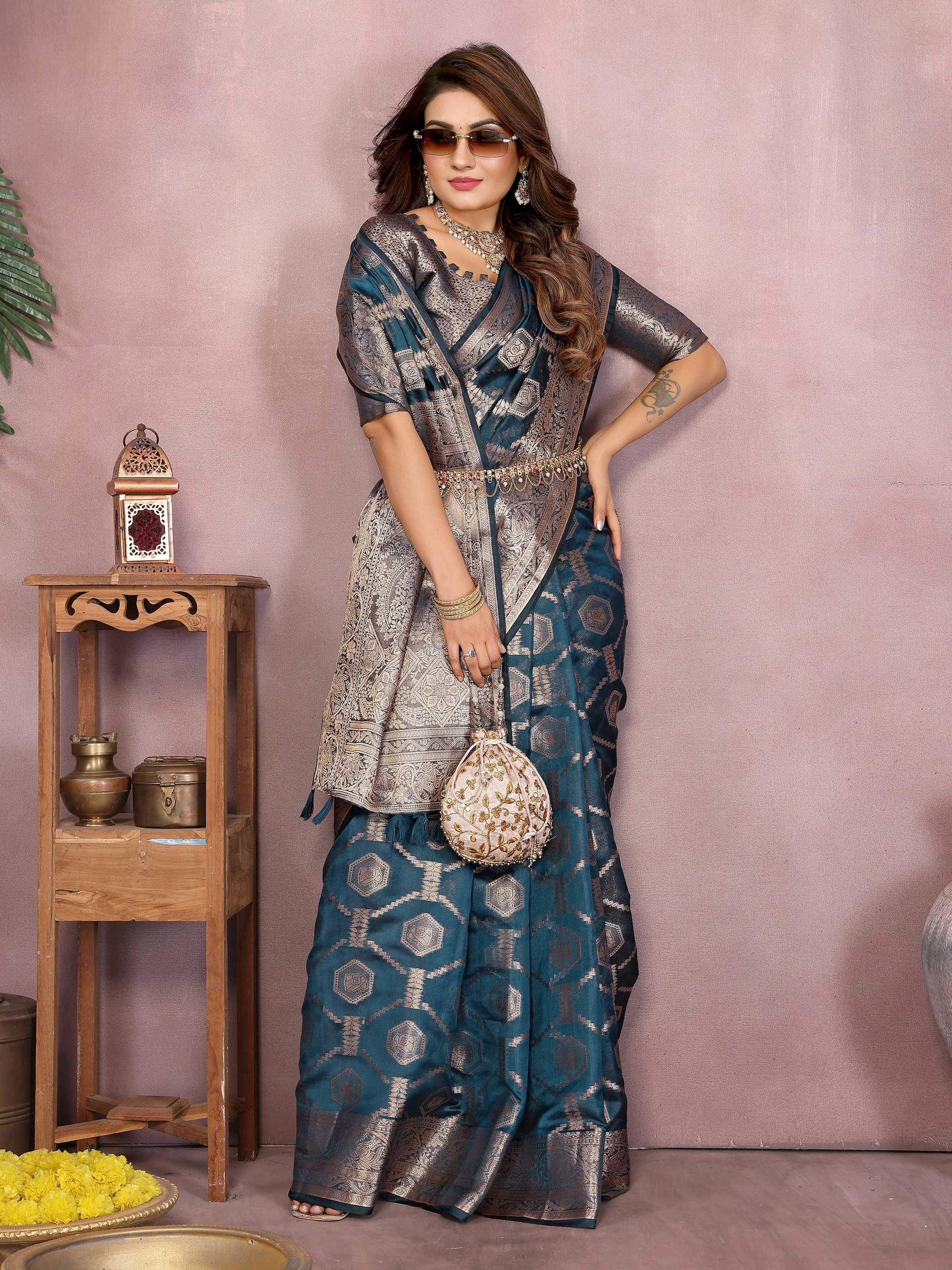 Aastha Fashion Teal Soft Organza Silk Weaving Saree - Distacart