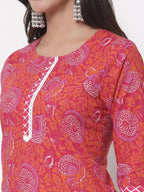 Myshka Women's Cotton Printed 3/4 Sleeve Round Neck Casual Pink Kurta Pant Dupatta Set