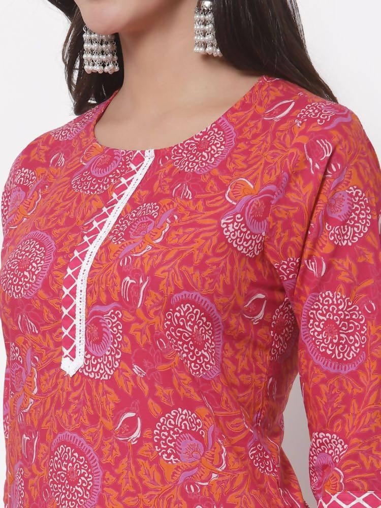 Myshka Women's Cotton Printed 3/4 Sleeve Round Neck Casual Pink Kurta Pant Dupatta Set
