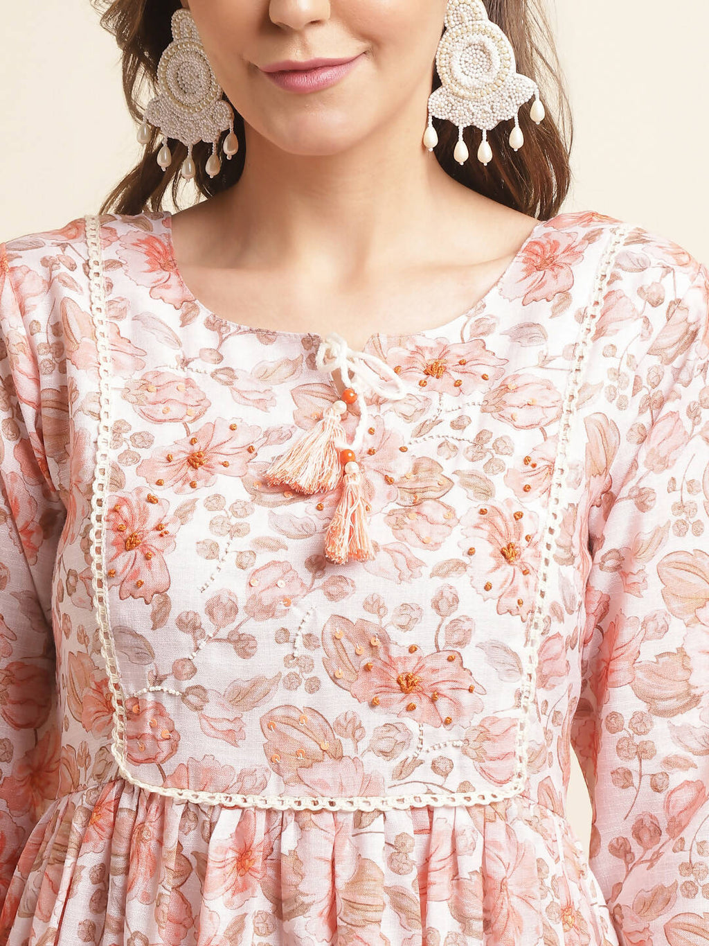 Orange Linen Floral Printed Fit & Flare Dress - Yukti - Distacart
