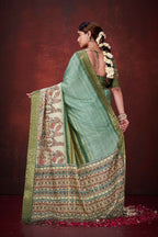 Green Poly Habotai Silk Foil Print Saree with Unstitched Blouse - Kathari