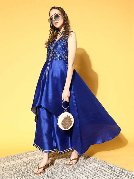 Ahalyaa Women Royal Blue Colour Poly Silk Printed Kurta Palazzo Set