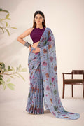 Vastranavya Grey Lurex Brasso Floral Printed Saree with Unstitched Blouse - Distacart