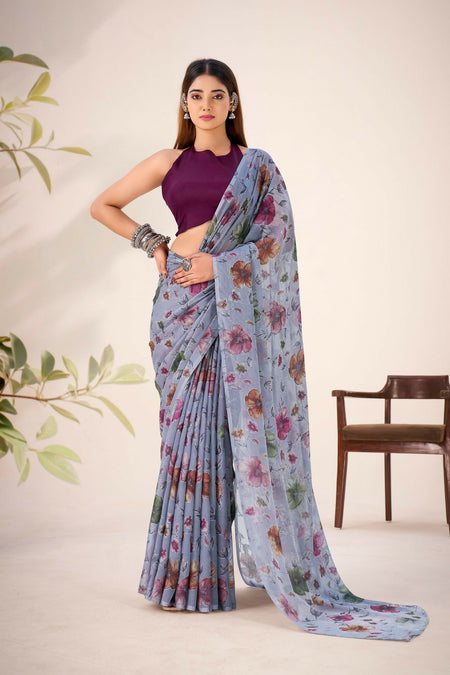 Vastranavya Grey Lurex Brasso Floral Printed Saree with Unstitched Blouse