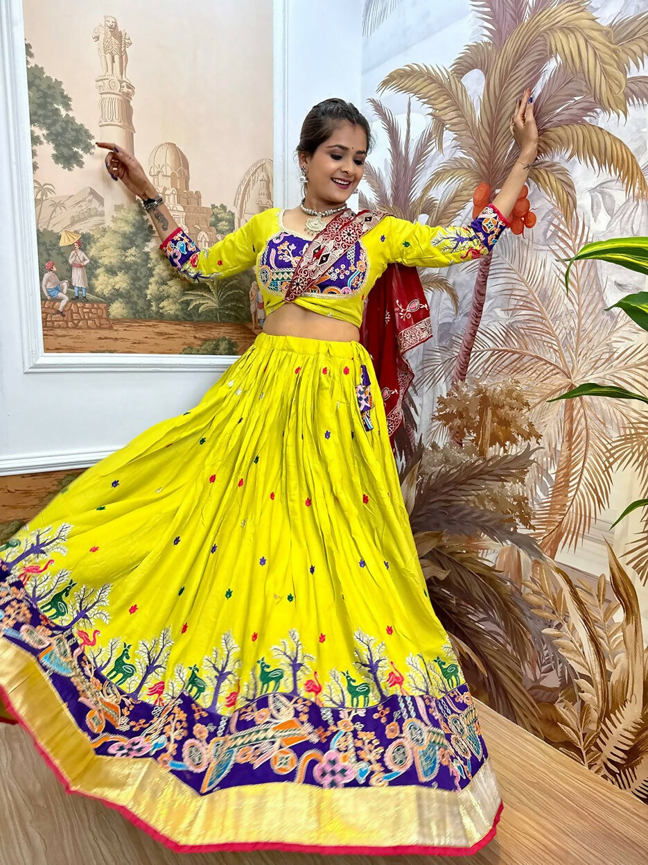 Teeya Creation Parrot Colour Rayon Silk Embroidery Work Fully Stitched Navratri Lehenga
