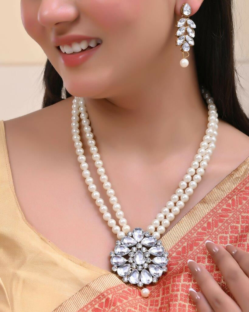 VOJ Gold-Polished Kundan Studded Pearl Long Necklace And Earrings Set