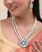 VOJ Gold-Polished Kundan Studded Pearl Long Necklace And Earrings Set