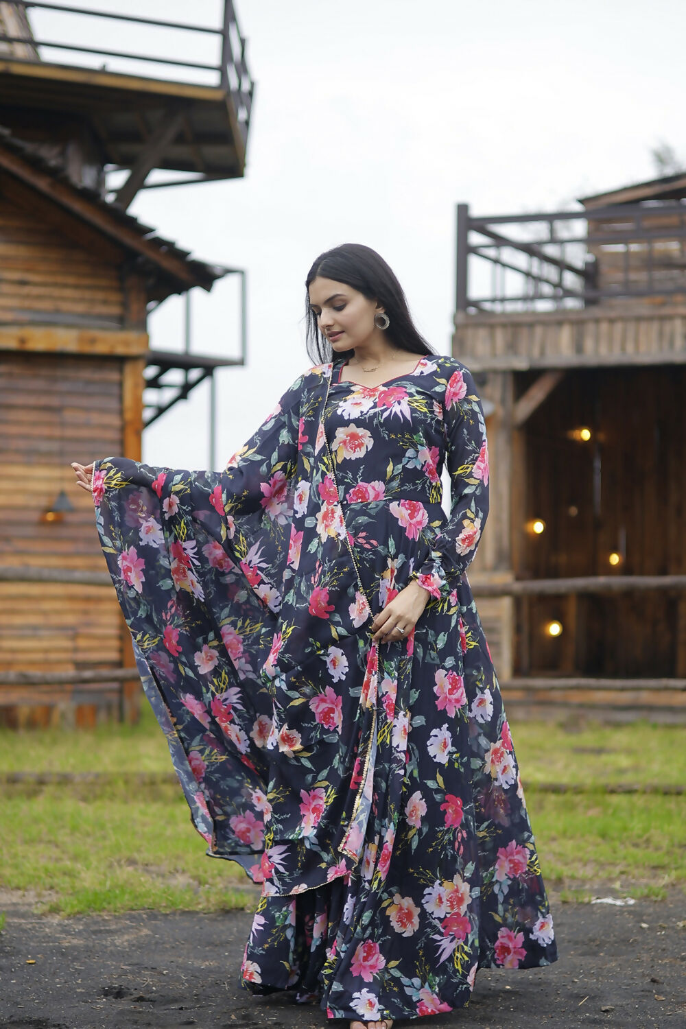 Aayaa Designer Printed Georgette Full Flare Gown With Dupatta - Multi Color - Distacart