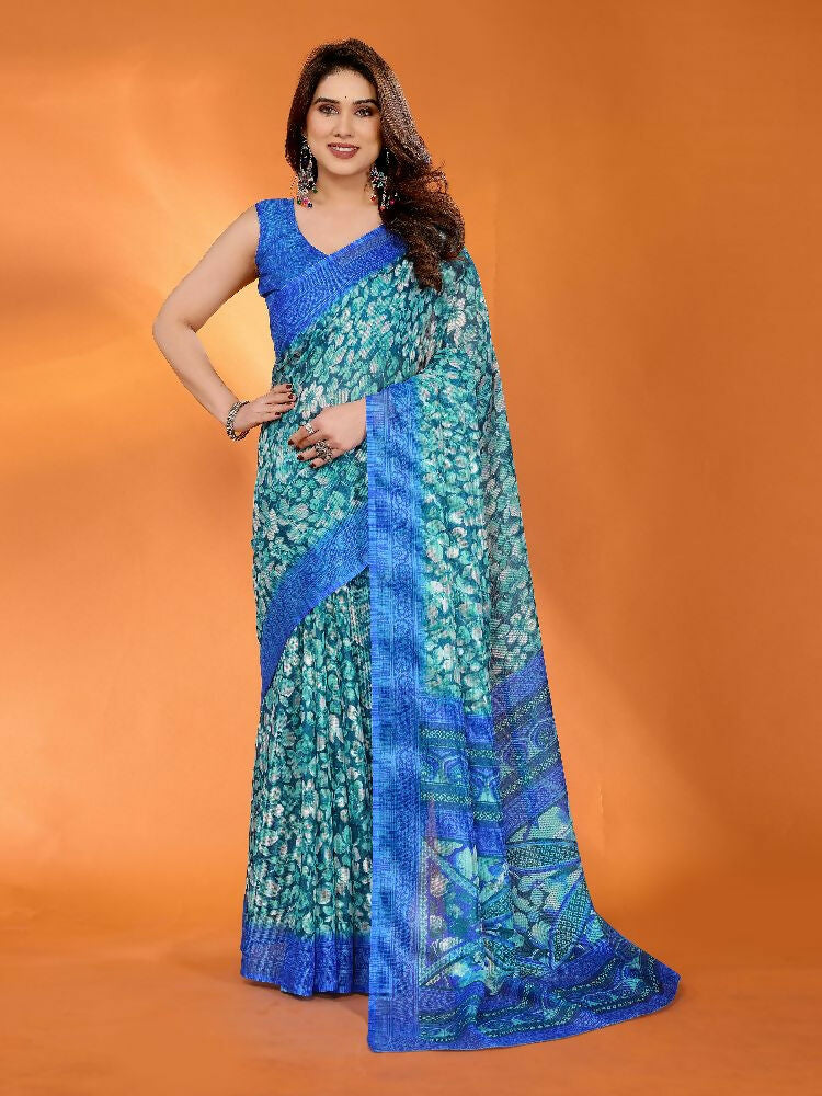 PR Fashion Blue Kota Doria Printed Saree