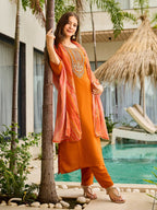 The52 Rust Women's Gorgeous Embroidered work Rayon Fabric Straight Kurta, Pant and Dupatta Set - Distacart