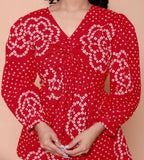 Miravan Womens Red Bandhani Printed Cotton Butterfly Design Top