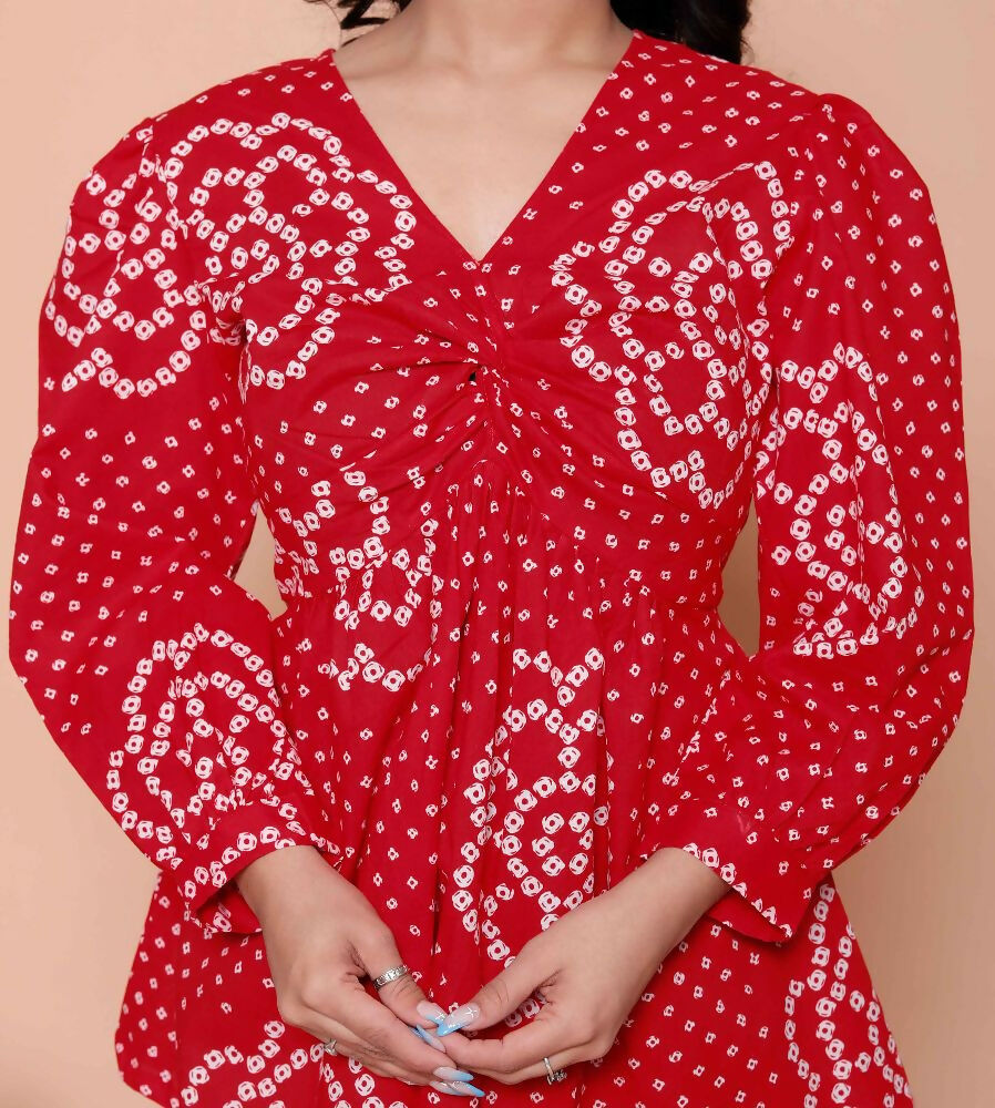 Miravan Womens Red Bandhani Printed Cotton Butterfly Design Top