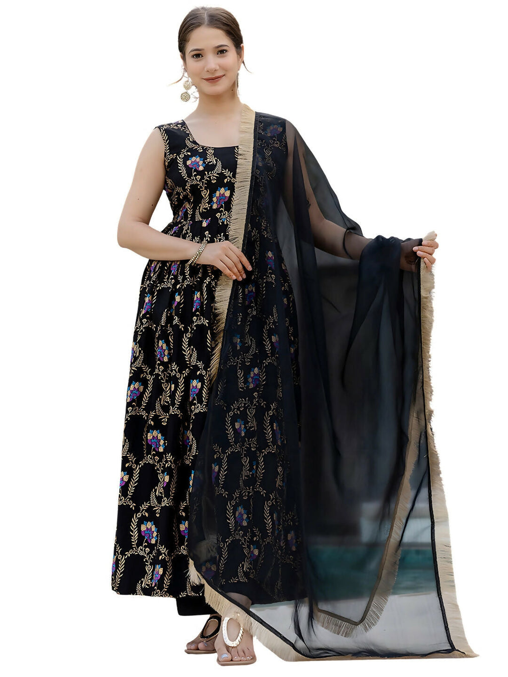 The52 Black Women's Gorgeous Printed Muslin Fabric Flared Kurta Pant and Dupatta Set - Distacart