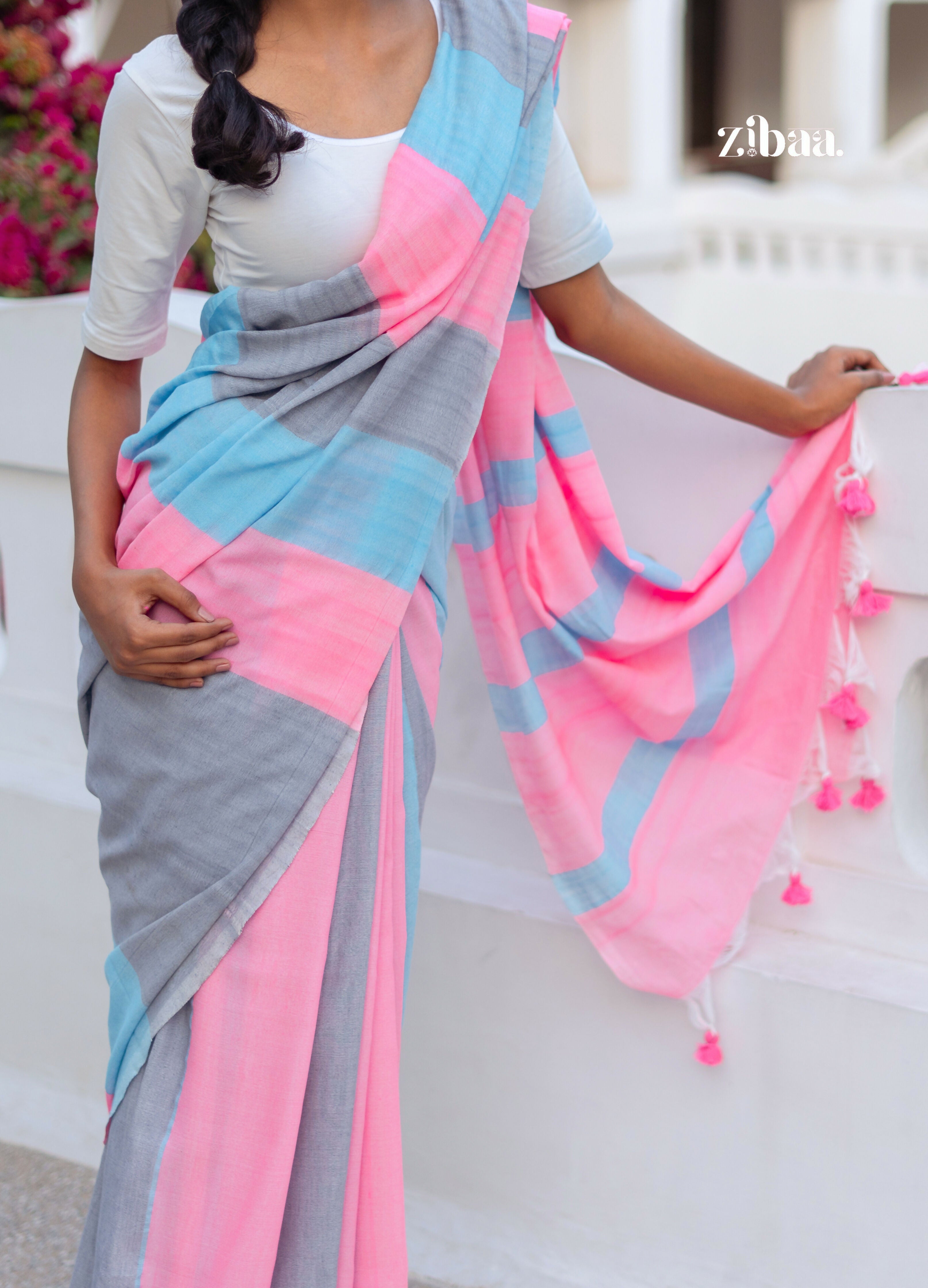Zibaa Hand-Dyed Mul Cotton Striped Saree with Tassels - Distacart