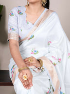 Vastranavya White Tussar Silk Printed with Viscose Border Saree with Unstitched Blouse - Distacart