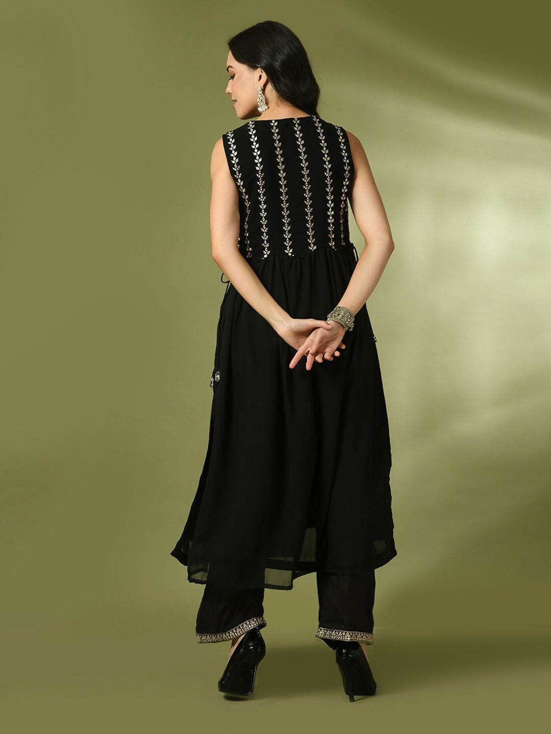 Myshka Women's Black Embroidered Georgette Anarkali Party Kurta Set
