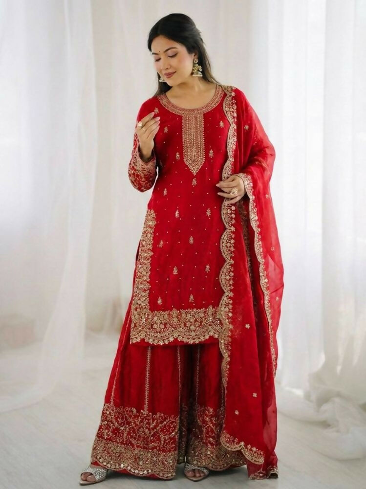 Teeya Creation Red Color Fendy Silk Embroidery Work Wedding Wear Salwar Suit - Distacart