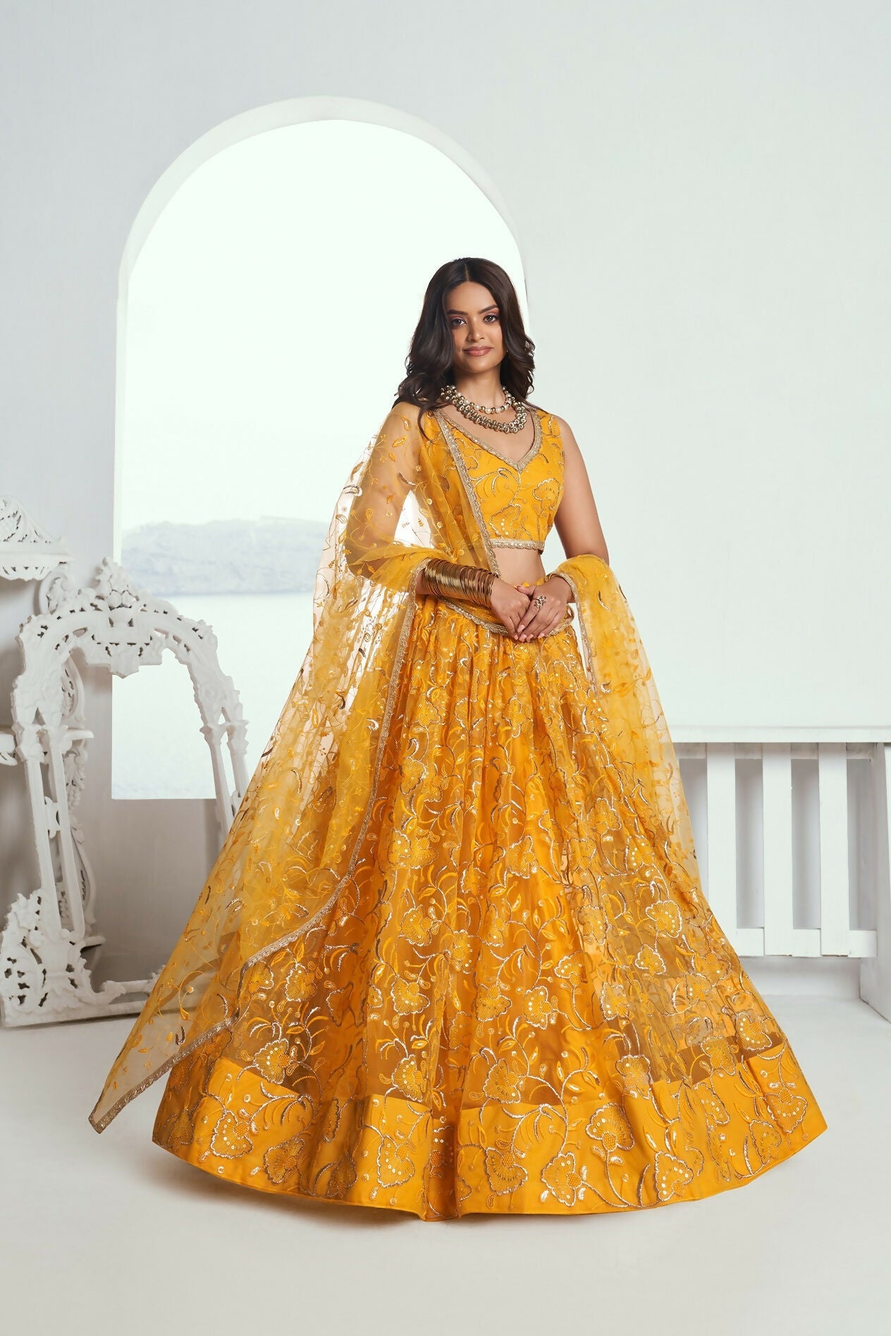 Eilara Glamorous Yellow Net With Embroidered And Thread Zari Sequence Weeding Lehenga Choli
