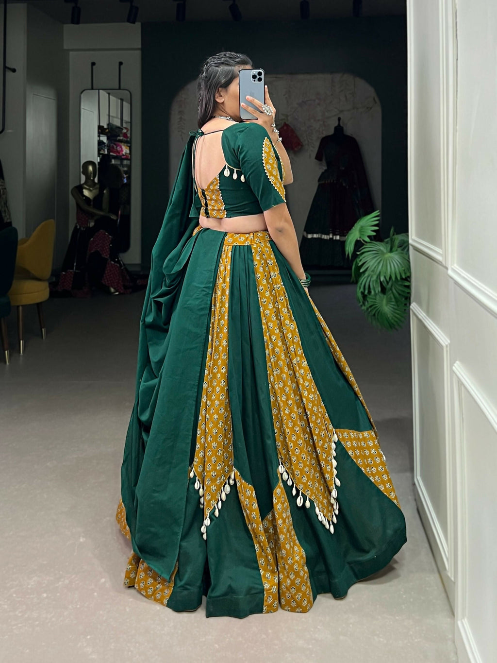 Vastranavya Navaratri Special Pure Cotton Printed With Cowrie (Kodi) Lace Touch Up Lehenga with Stitched Blouse - Green