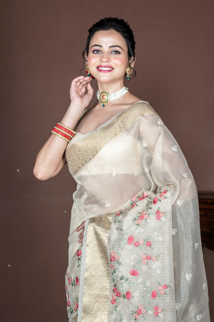 Morchari Beige Banarasi Tissue Computer Embroidery Saree Unstitched Blouse - Distacart