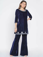 Women Republic Navy Blue Velvet Embroidered Kurta With Bellbottom Pants - Distacart