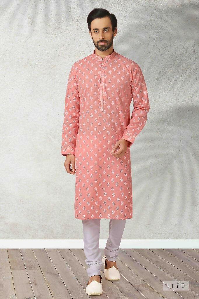 Raivat Ethnic Cotton Printed Work Kurta Pajama In Pink Colour